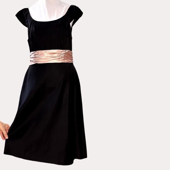 Adrianna Papell Satin Dress Pleated Color Block Black Tan 10 - Picture 2 of 12